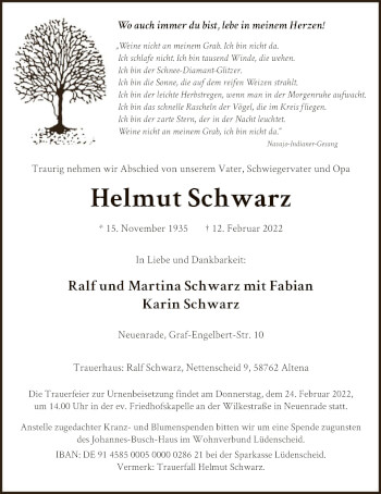 Traueranzeige von Helmut Schwarz von WA