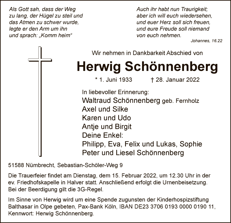  Traueranzeige für Herwig Schönnenberg vom 05.02.2022 aus WA