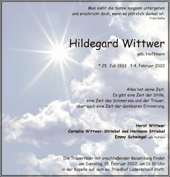 Traueranzeige von Hildegard Wittwer von WA