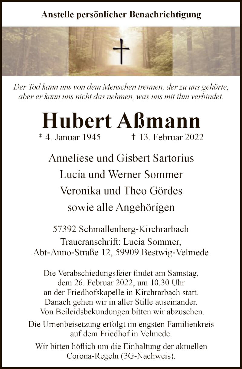 Traueranzeige für Hubert Aßmann vom 19.02.2022 aus WA