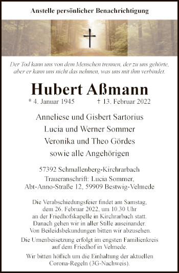 Traueranzeige von Hubert Aßmann von WA