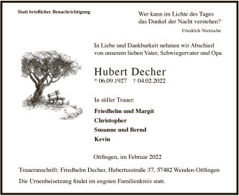 Traueranzeige von Hubert Decher von WA