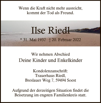 Traueranzeige von Ilse Riedl von WA