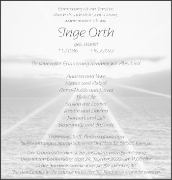 Traueranzeige von Inge Orth von WA