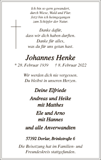 Traueranzeige von Johannes Henke von WA