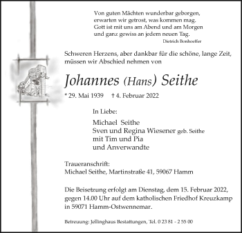 Traueranzeige von Johannes Seithe von WA
