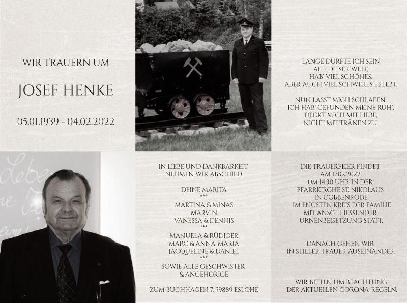  Traueranzeige für Josef Henke vom 12.02.2022 aus WA