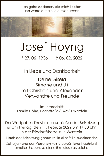 Traueranzeige von Josef Hoyng von WA