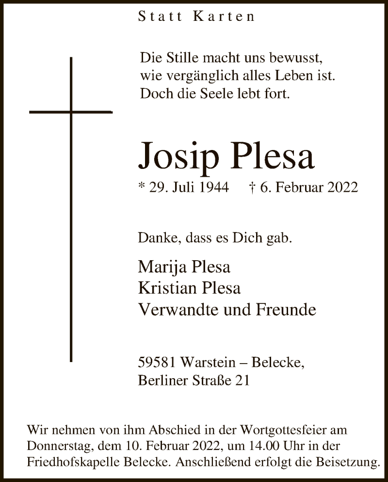  Traueranzeige für Josip Plesa vom 09.02.2022 aus WA