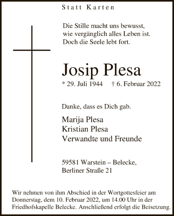Traueranzeige von Josip Plesa von WA