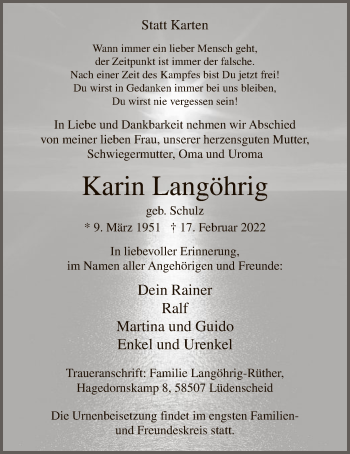 Traueranzeige von Karin Langöhrig von WA