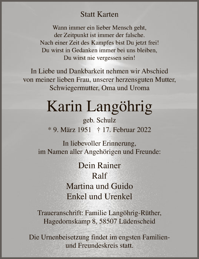 Traueranzeige für Karin Langöhrig vom 26.02.2022 aus WA
