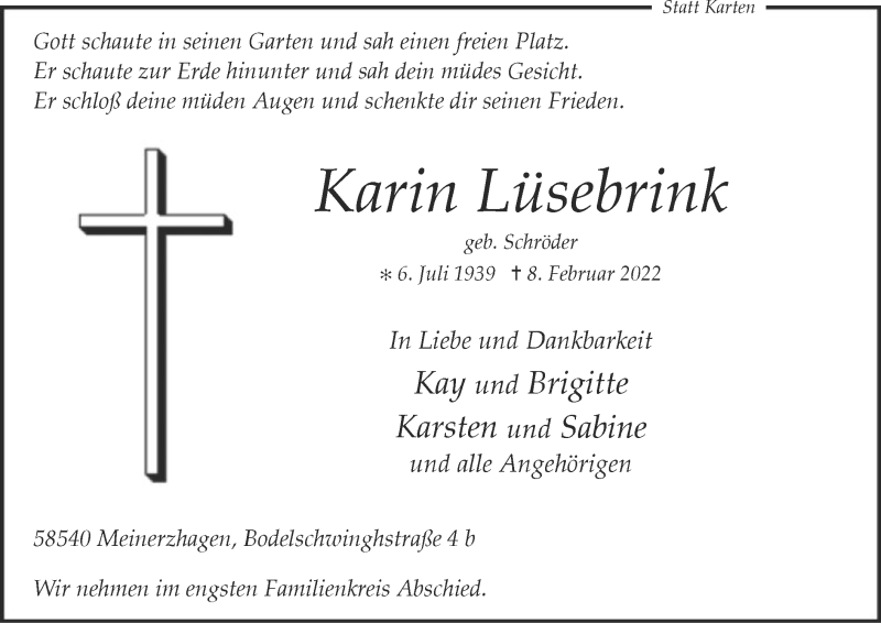  Traueranzeige für Karin Lüsebrink vom 12.02.2022 aus WA