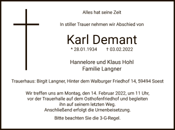 Traueranzeige von Karl Demant von WA