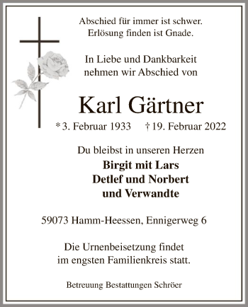 Traueranzeige von Karl Gärtner von WA