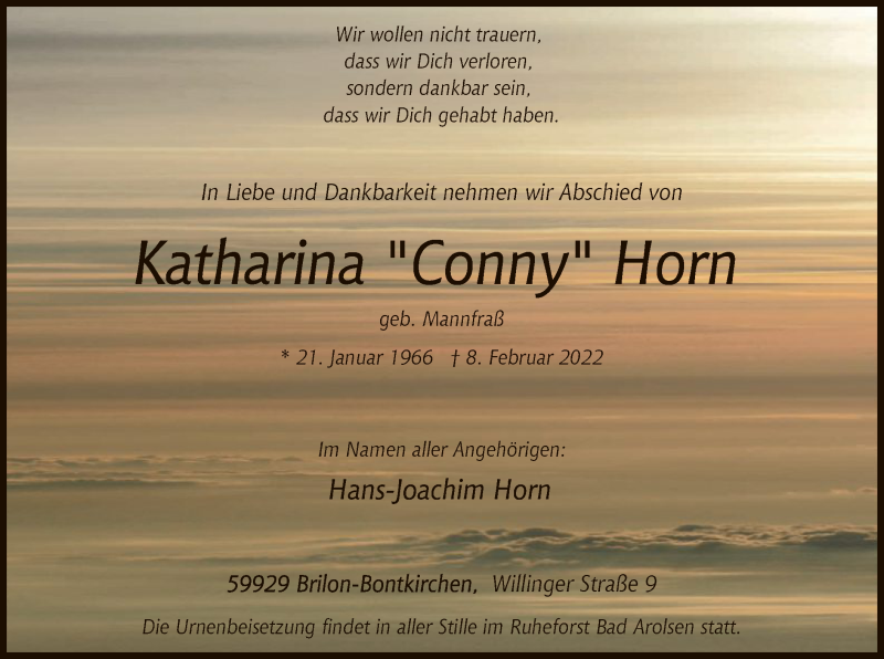  Traueranzeige für Katharina Horn vom 12.02.2022 aus WA