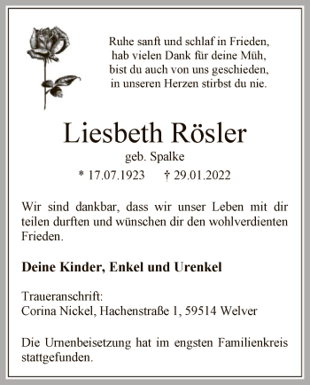 Traueranzeige von Liesbeth Rösler von WA