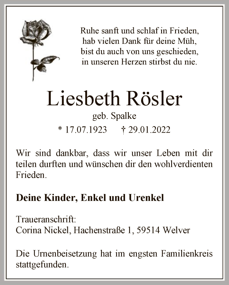  Traueranzeige für Liesbeth Rösler vom 22.02.2022 aus WA
