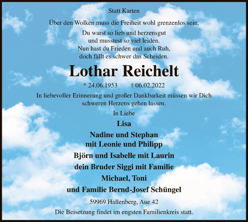  Traueranzeige für Lothar Reichelt vom 12.02.2022 aus WA