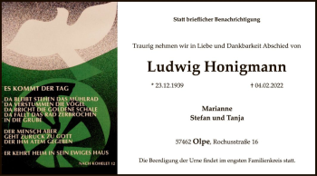 Traueranzeige von Ludwig Honigmann von WA