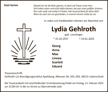 Traueranzeige von Lydia Gehlroth von WA