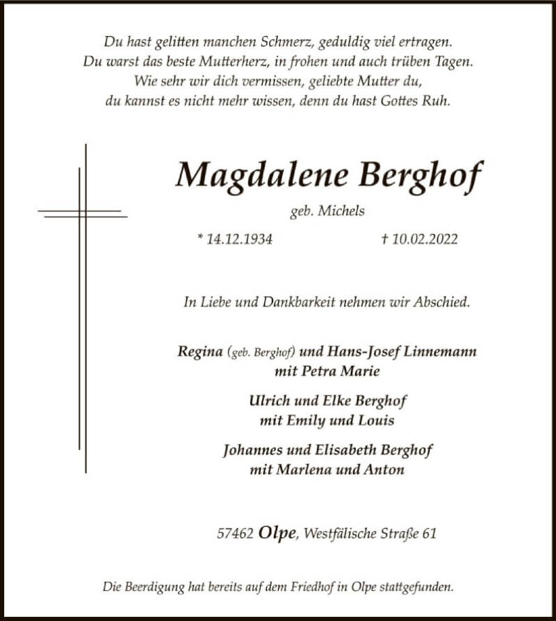  Traueranzeige für Magdalene Berghof vom 19.02.2022 aus WA