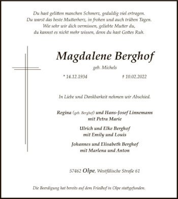 Traueranzeige von Magdalene Berghof von WA