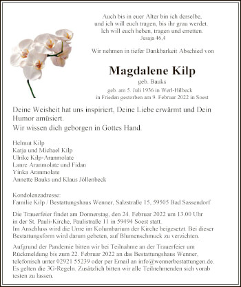 Traueranzeige von Magdalene Kilp von WA