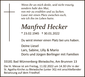 Traueranzeige von Manfred Hecker von WA