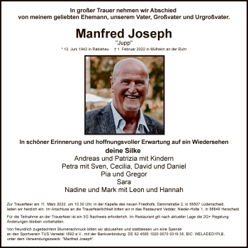 Traueranzeige von Manfred Joseph von WA