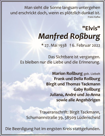 Traueranzeige von Manfred Roßburg von WA