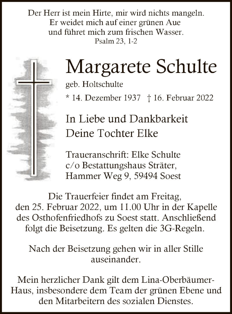  Traueranzeige für Margarete Schulte vom 19.02.2022 aus WA