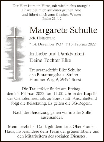Traueranzeige von Margarete Schulte von WA