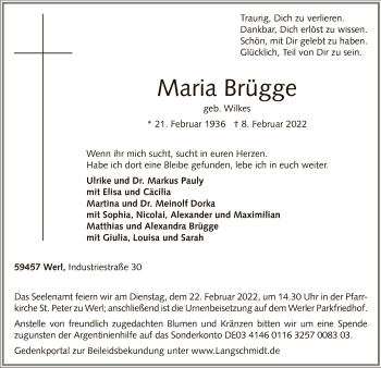 Traueranzeige von Maria Brügge von WA