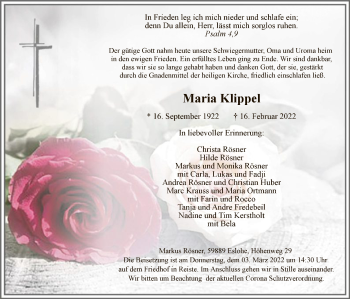 Traueranzeige von Maria  Klippel von WA