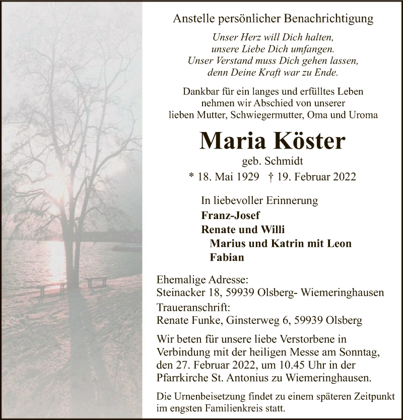 Traueranzeige für Maria Köster vom 26.02.2022 aus WA