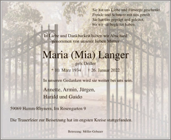 Traueranzeige von Maria Langer von WA
