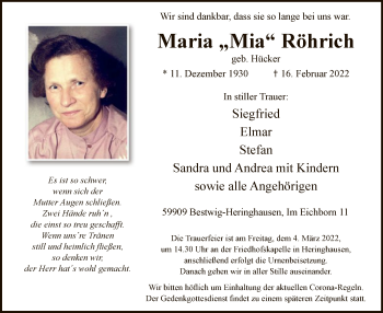 Traueranzeige von Maria Röhrich von WA