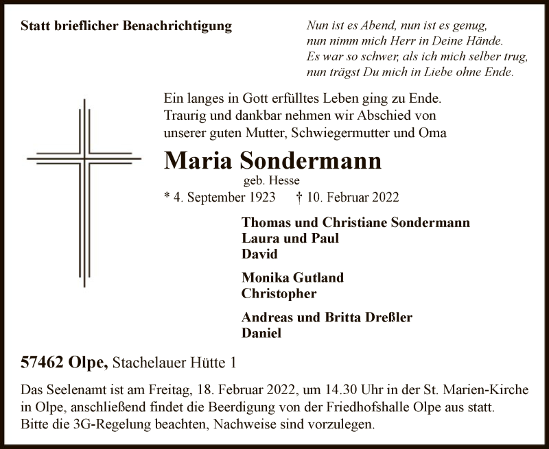  Traueranzeige für Maria Sondermann vom 12.02.2022 aus WA