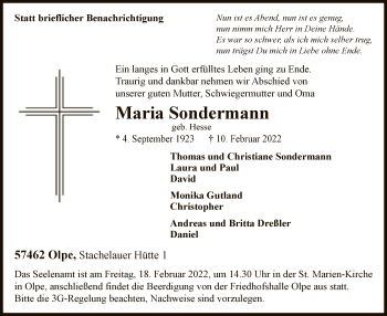 Traueranzeige von Maria Sondermann von WA
