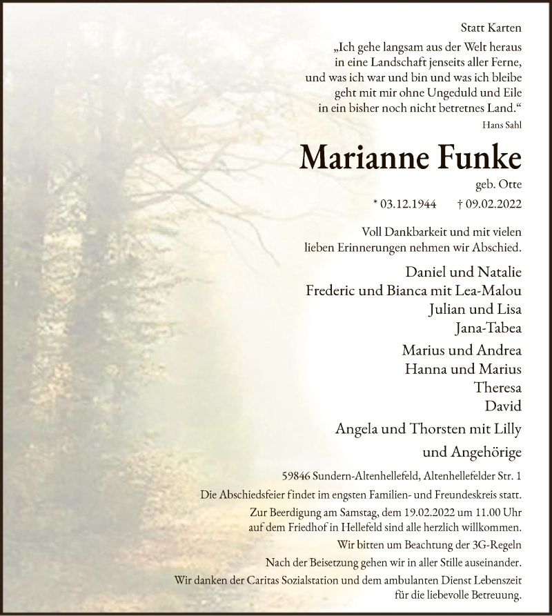  Traueranzeige für Marianne Funke vom 12.02.2022 aus WA