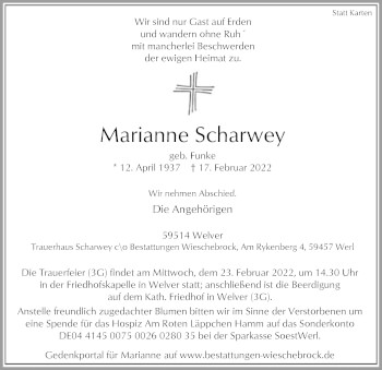 Traueranzeige von Marianne Scharwey von WA