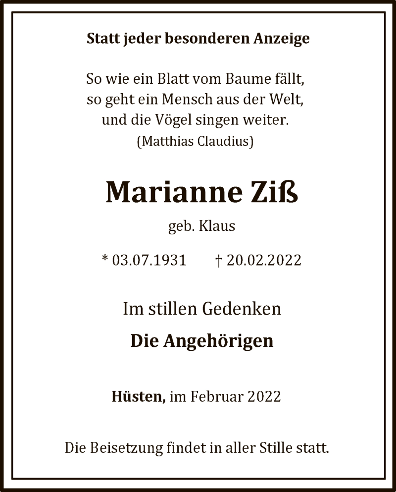  Traueranzeige für Marianne Ziß vom 26.02.2022 aus WA
