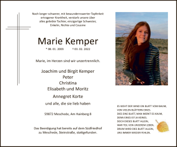 Traueranzeige von Marie Kemper von WA