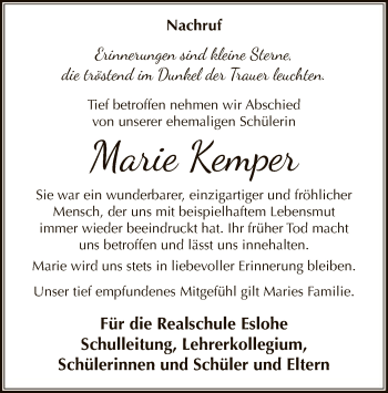 Traueranzeige von Marie Kemper von WA