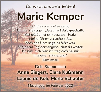 Traueranzeige von Marie Kemper von WA