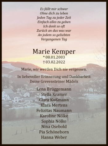 Traueranzeige von Marie Kemper von WA