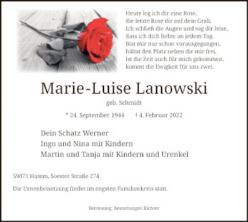 Traueranzeige von Marie-Luise Lanowski von WA
