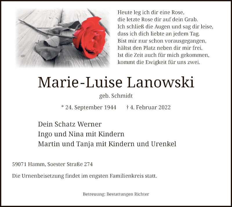 Traueranzeige für Marie-Luise Lanowski vom 19.02.2022 aus WA