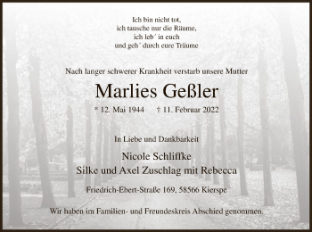 Traueranzeige von Marlies Geßler von WA